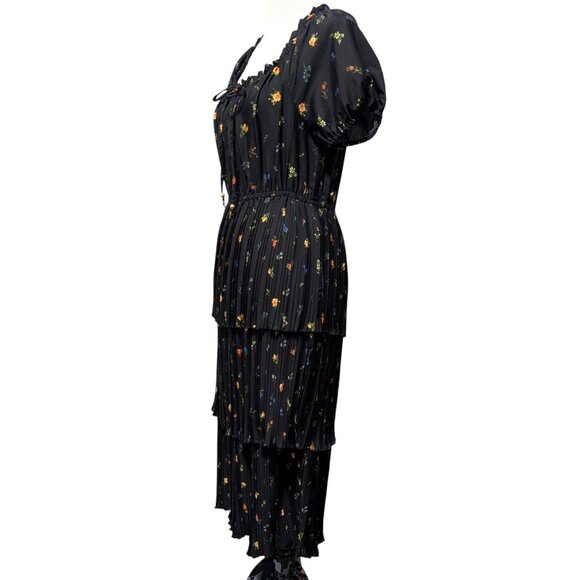 Wishing Waves Womens Sz L Black Floral Pleated Tiered Ruffles Puff Sleeve Dress - Picture 3 of 11